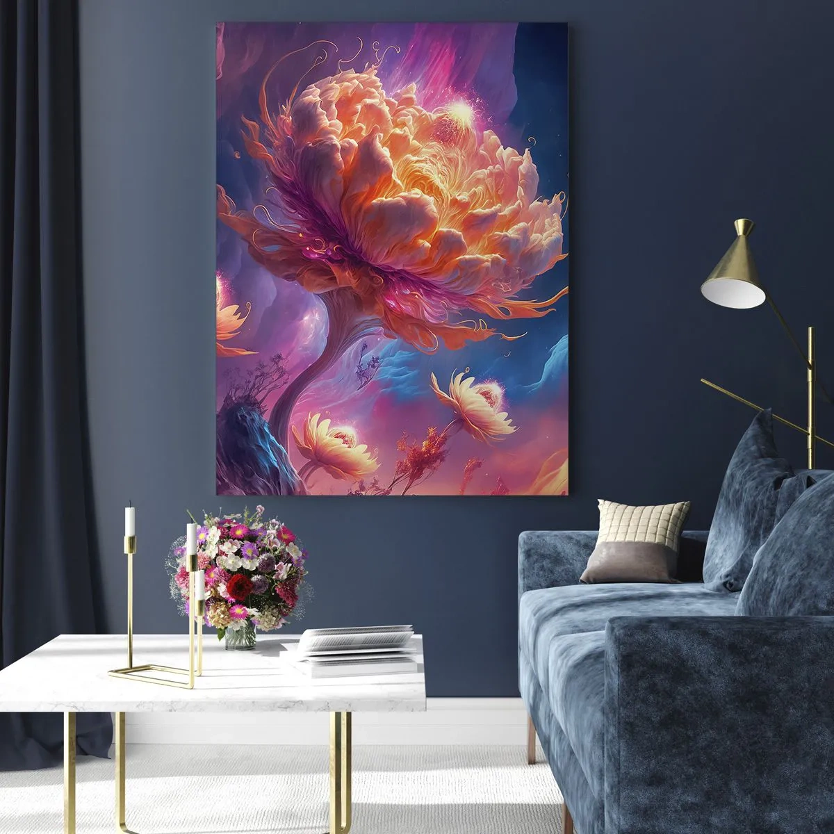 Glasbild - Bild auf glas - Fantasieblumen in einer kosmischen Landschaft - 80x120cm - Andere Welt - Moderne Wanddekoration für Wohnzimmer und Schlafzimmer ARTTOR