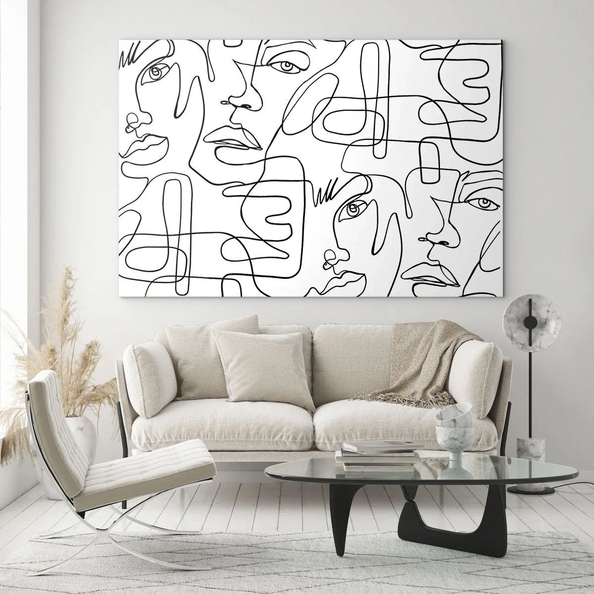 Glasbild - Bild auf glas - Schwarz-weiße Strichzeichnungen von Gesichtern - 100x70cm - In verworrenen Gefühlen - Moderne Wanddekoration für Wohnzimmer und Schlafzimmer ARTTOR