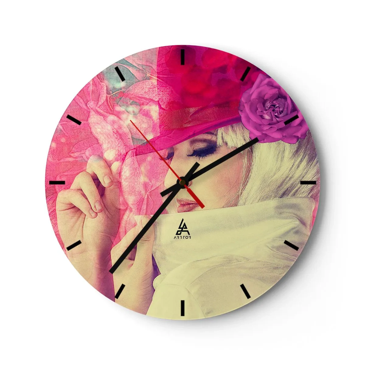 Wanduhr - Glasuhr - Retro-Porträt in einem rosa Nebel - 40x40 cm