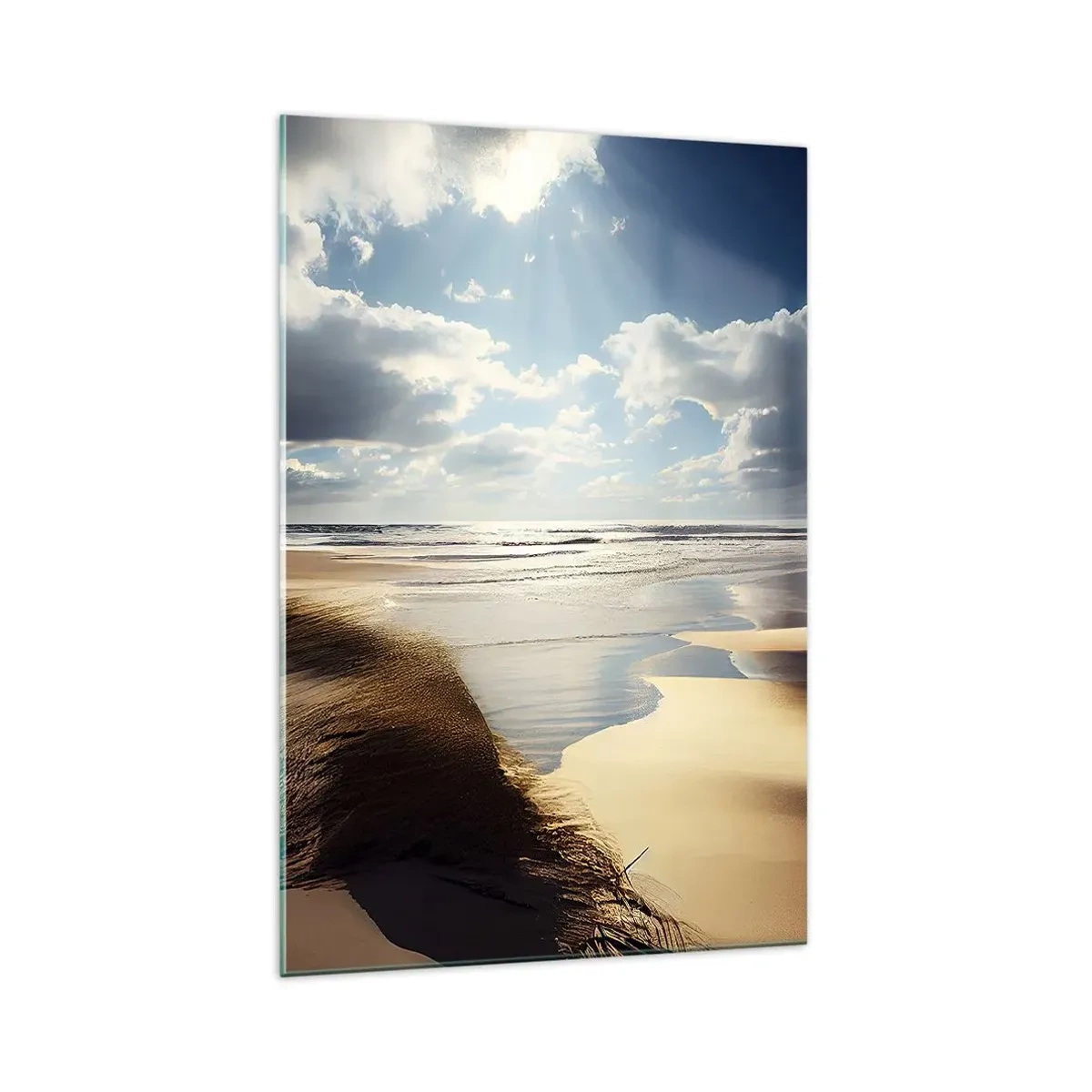 Glasbild - Bild auf glas - Ein wilder Strand mit Dünen und blauem Himmel - 70x100cm - Strand, wilder Strand - Moderne Wanddekoration für Wohnzimmer und Schlafzimmer ARTTOR