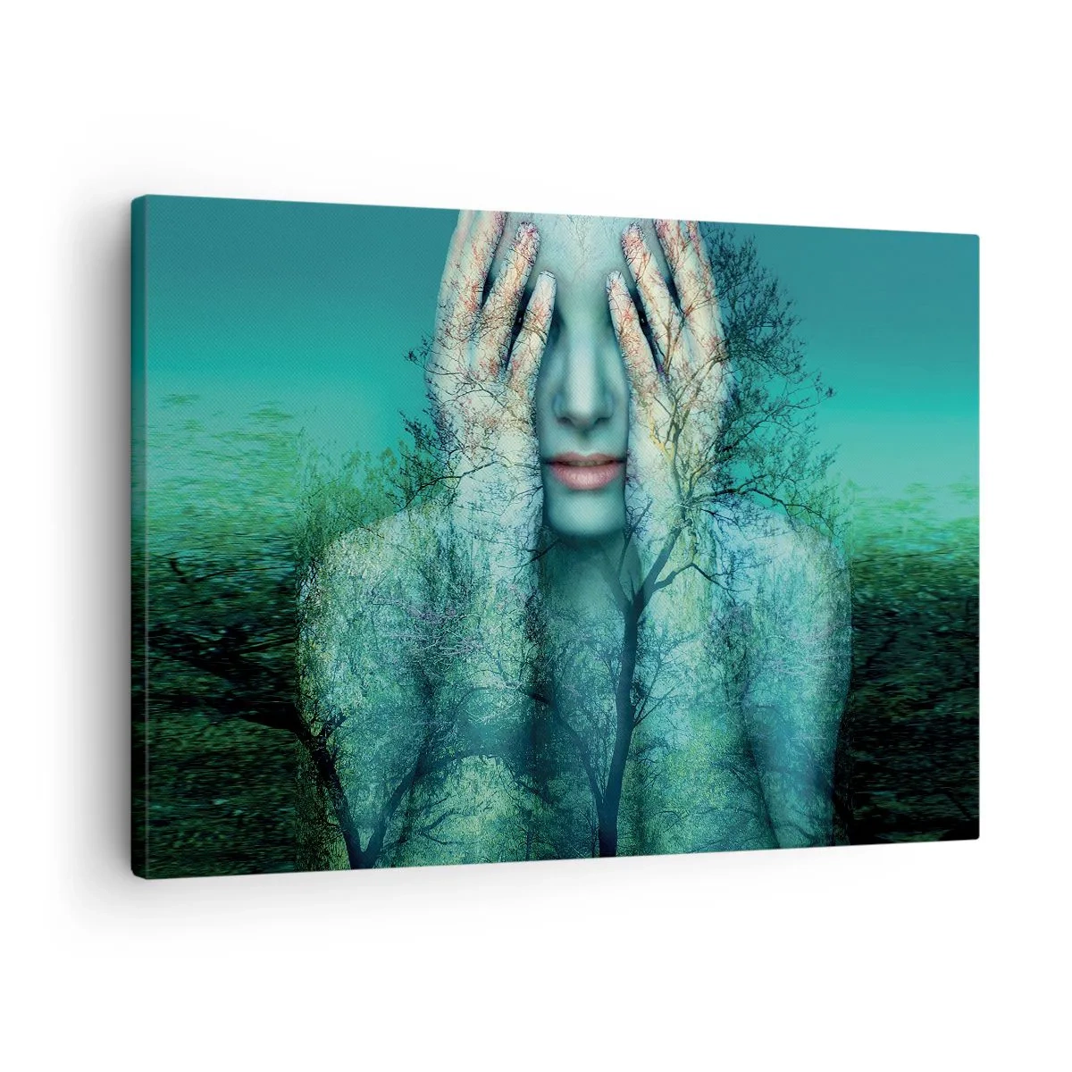Bild auf Leinwand - Leinwandbild - Eine Frauenfigur mit Baummotiv vor türkisfarbenem Landschaftshintergrund - 70x50cm - Eingetaucht in Blau - Moderne Wanddekoration für Wohnzimmer und Schlafzimmer ARTTOR