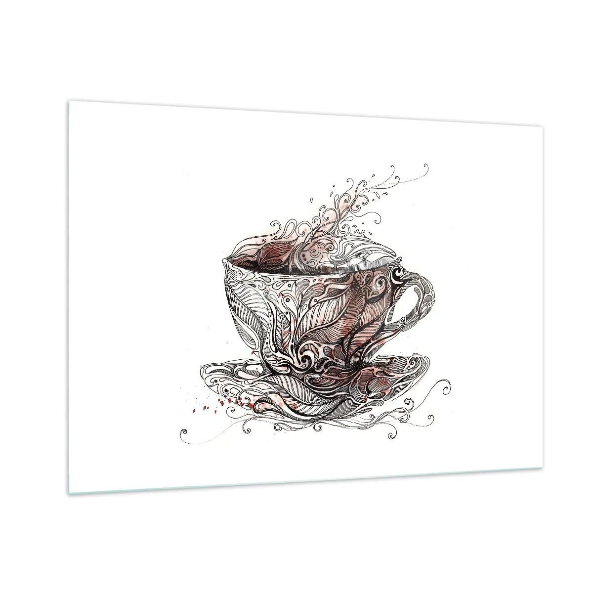 Glasbild - Bild auf glas - Künstlerische Zeichnung einer Tasse mit Ornamenten und Dampf - 100x70cm - Tee für alles - Moderne Wanddekoration für Wohnzimmer und Schlafzimmer ARTTOR
