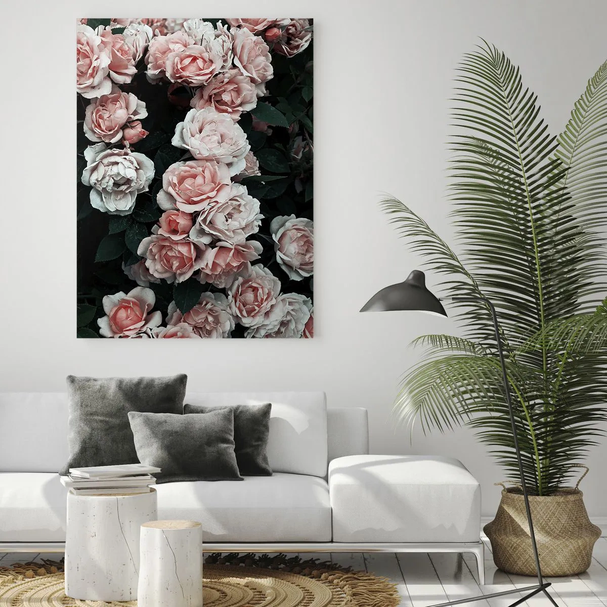 Glasbild - Bild auf glas - Eine Nahaufnahme eines Straußes rosa Rosen auf dunklem Hintergrund - 50x70cm - Rosen-Ensemble - Moderne Wanddekoration für Wohnzimmer und Schlafzimmer ARTTOR