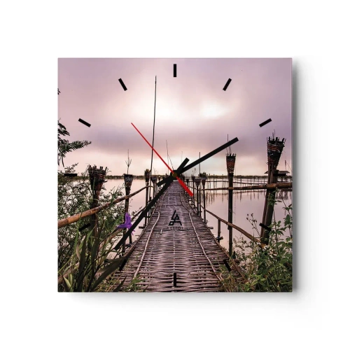 Wanduhr - Glasuhr - Bambusbrücke über das Wasser im Morgengrauen - 30x30cm - Frieden und Ruhe Asiens - Moderne Wanddekoration für Wohnzimmer und Schlafzimmer ARTTOR