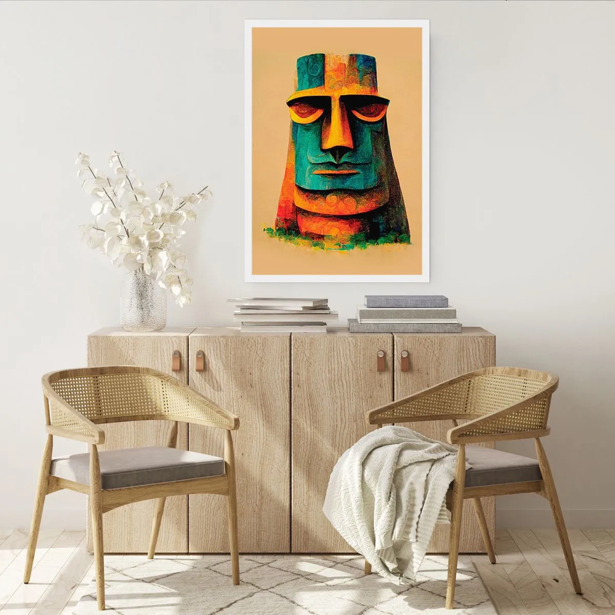Poster - Eine farbenfrohe Interpretation einer Moai-Statue vor beigem Hintergrund - 50x70cm - Statuenhaft und sympathisch - Moderne Wanddekoration für Wohnzimmer und Schlafzimmer ARTTOR
