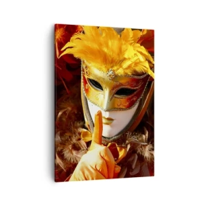 Bild auf Leinwand - Leinwandbild - Karnevalsmaske in Gold- und Orangetönen - 50x70cm - Geheimnis ist Teil des Spiels - Moderne Wanddekoration für Wohnzimmer und Schlafzimmer ARTTOR