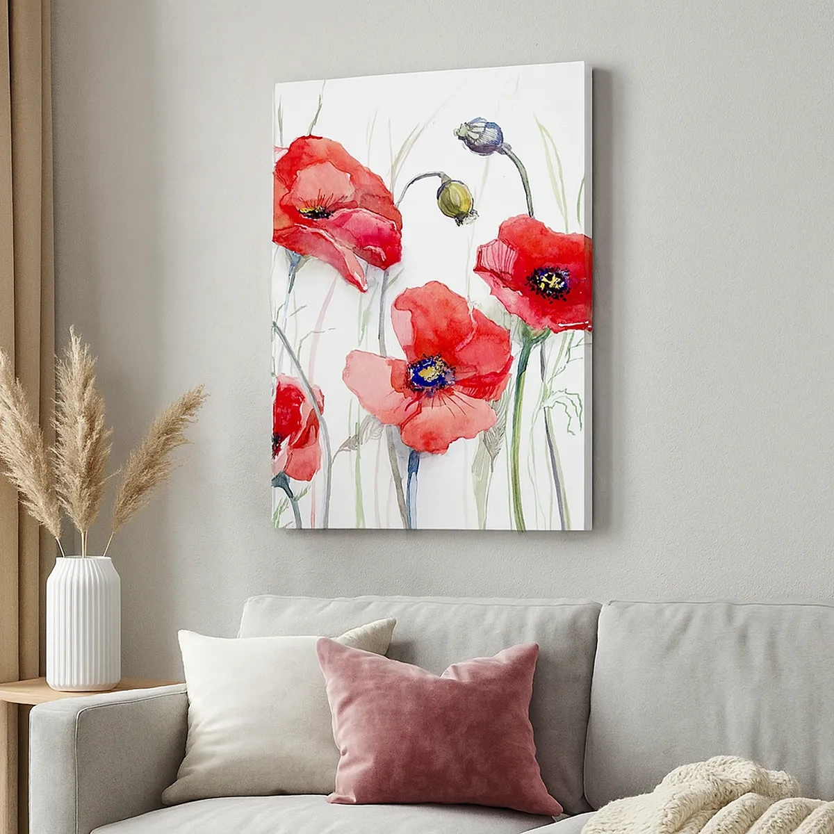 Bild auf Leinwand - Leinwandbild - Aquarell-Mohnblumen auf zartem Hintergrund - 50x70cm - Polnische Blumen - Moderne Wanddekoration für Wohnzimmer und Schlafzimmer ARTTOR