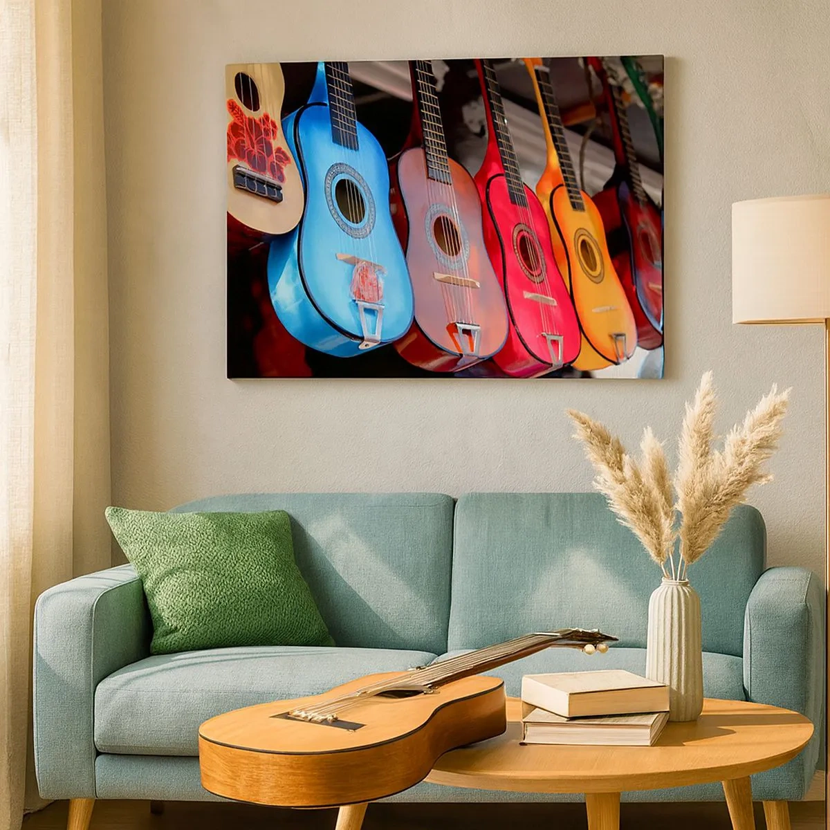 Bild auf Leinwand - Leinwandbild - Bunte Akustikgitarren hängen in einer Reihe auf dem Display - 70x50cm - Lateinische Atmosphäre - Moderne Wanddekoration für Wohnzimmer und Schlafzimmer ARTTOR