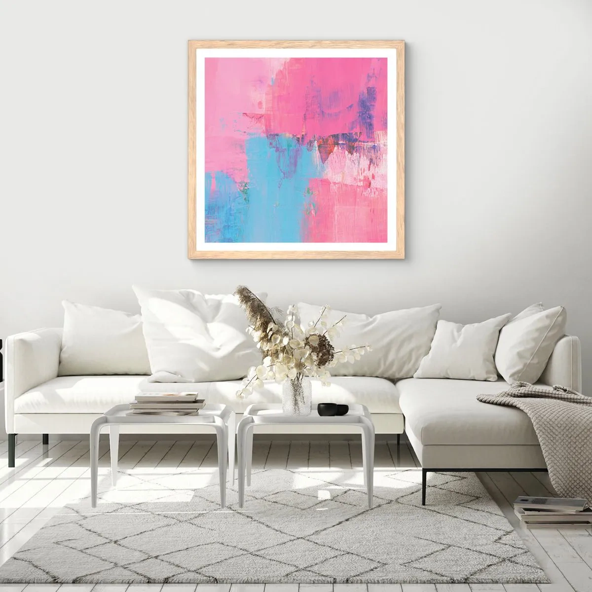 Poster in einem Rahmen aus heller Eiche - Rosa, Blau und eine Prise Licht - 40x40 cm