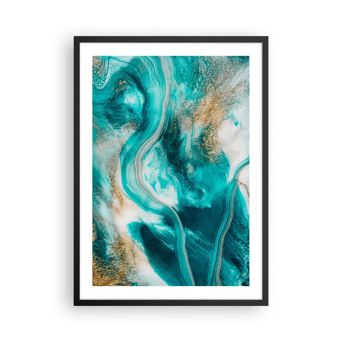 Poster in einem schwarzem Rahmen - Eine abstrakte Komposition in Türkis- und Goldtönen. - 50x70cm - Der Fluss aus Gold - Moderne Wanddekoration für Wohnzimmer und Schlafzimmer ARTTOR