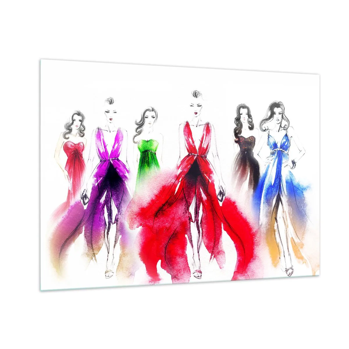 Glasbild - Bild auf glas - Skizze von Frauen in bunten Abendkleidern - 100x70cm - Stimmungen für Kostüme - Moderne Wanddekoration für Wohnzimmer und Schlafzimmer ARTTOR