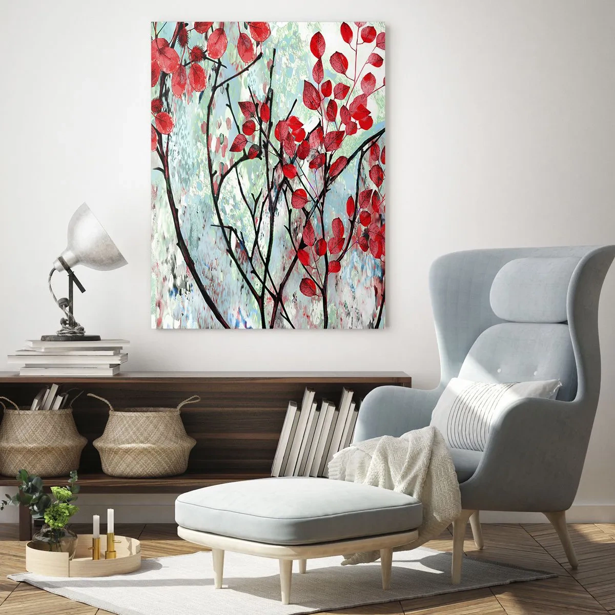 Glasbild - Bild auf glas - Rote Blätter vor einem hellen Himmel mit abstrakten Mustern - 70x100cm - Baum in Scharlachrot - Moderne Wanddekoration für Wohnzimmer und Schlafzimmer ARTTOR