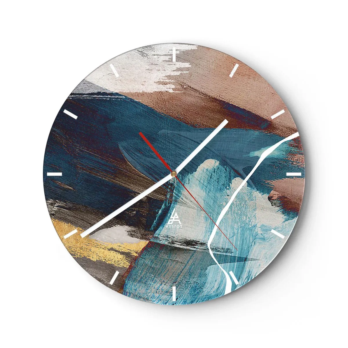 Wanduhr - Glasuhr - Dynamische Pinselstriche in Blau- und Brauntönen - 30x30cm - Großzügig und mit Energie - Moderne Wanddekoration für Wohnzimmer, Küche und Schlafzimmer ARTTOR