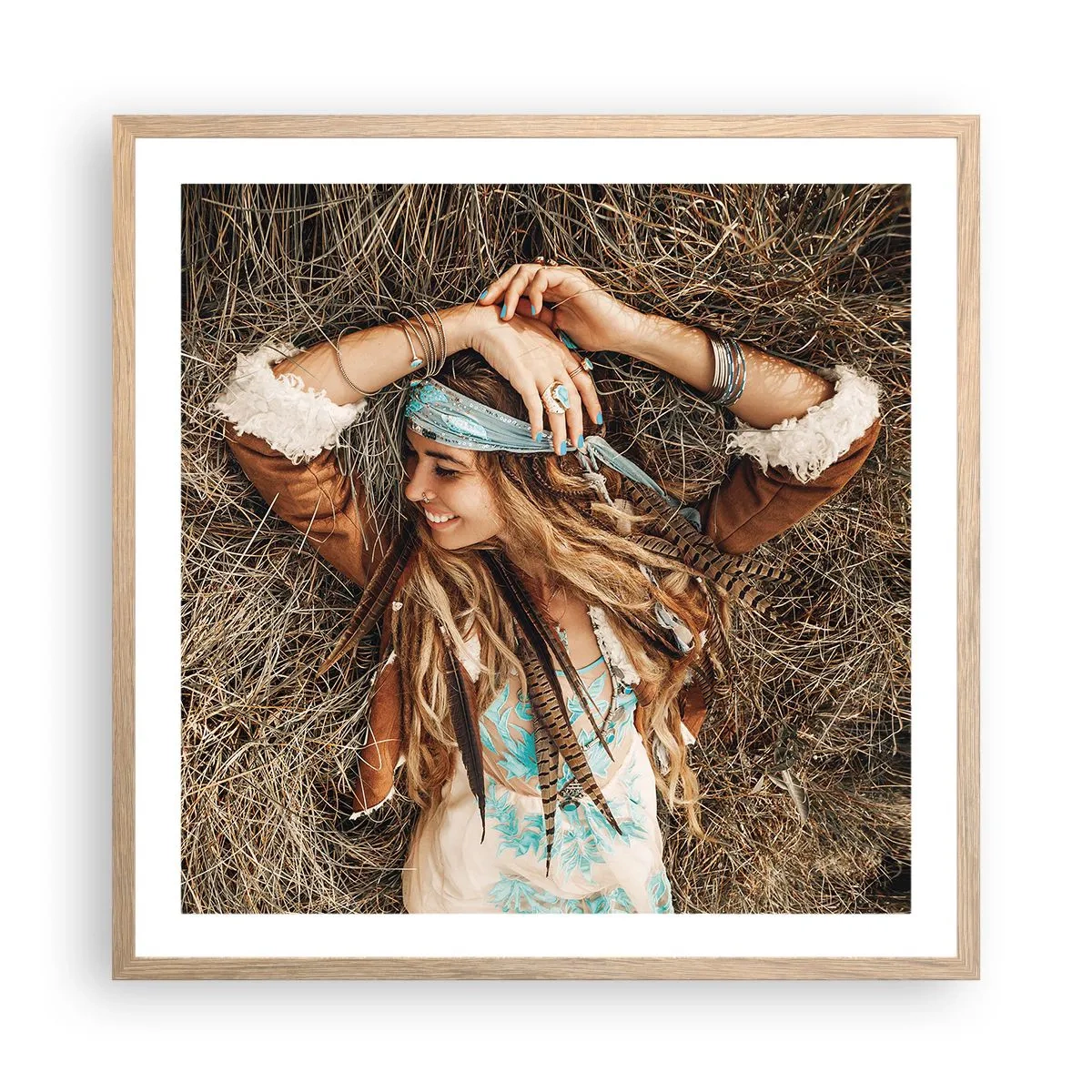 Poster in einem Rahmen aus heller Eiche - Auf dem Weg in den Sommer der Liebe - 60x60 cm