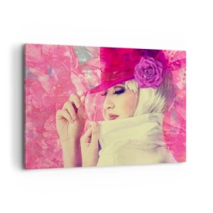 Bild auf Leinwand - Leinwandbild - Stilvolle Frau mit rosa Hut und Blume - 120x80cm - Retro-Porträt in einem rosa Nebel - Moderne Wanddekoration für Wohnzimmer und Schlafzimmer ARTTOR
