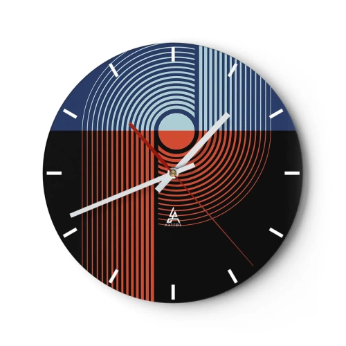 Wanduhr - Glasuhr - Geometrische Komposition mit Kreisen und Linien in Kontrastfarben - 30x30cm - In einer geometrischen Umarmung - Moderne Wanddekoration für Wohnzimmer, Küche und Schlafzimmer ARTTOR
