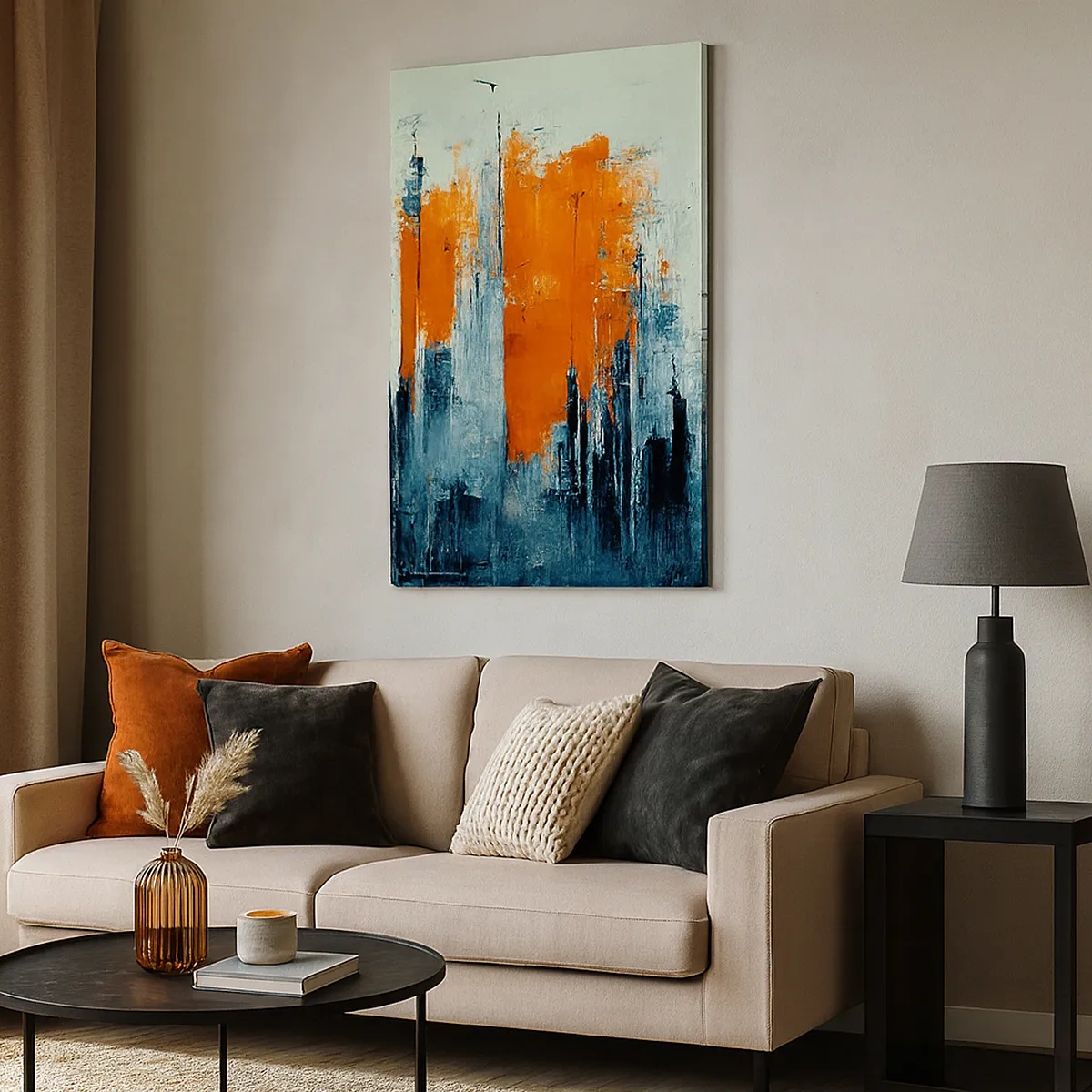 Bild auf Leinwand - Leinwandbild - Abstrakte Stadtlandschaft in Orange- und Blautönen - 50x70cm - Moderne Landschaft - Moderne Wanddekoration für Wohnzimmer und Schlafzimmer ARTTOR