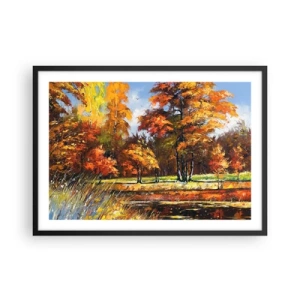 Poster in einem schwarzem Rahmen - Herbstlandschaft mit bunten Bäumen und einem Teich - 70x50cm - Landschaft in Gold und Bronze - Moderne Wanddekoration für Wohnzimmer und Schlafzimmer ARTTOR