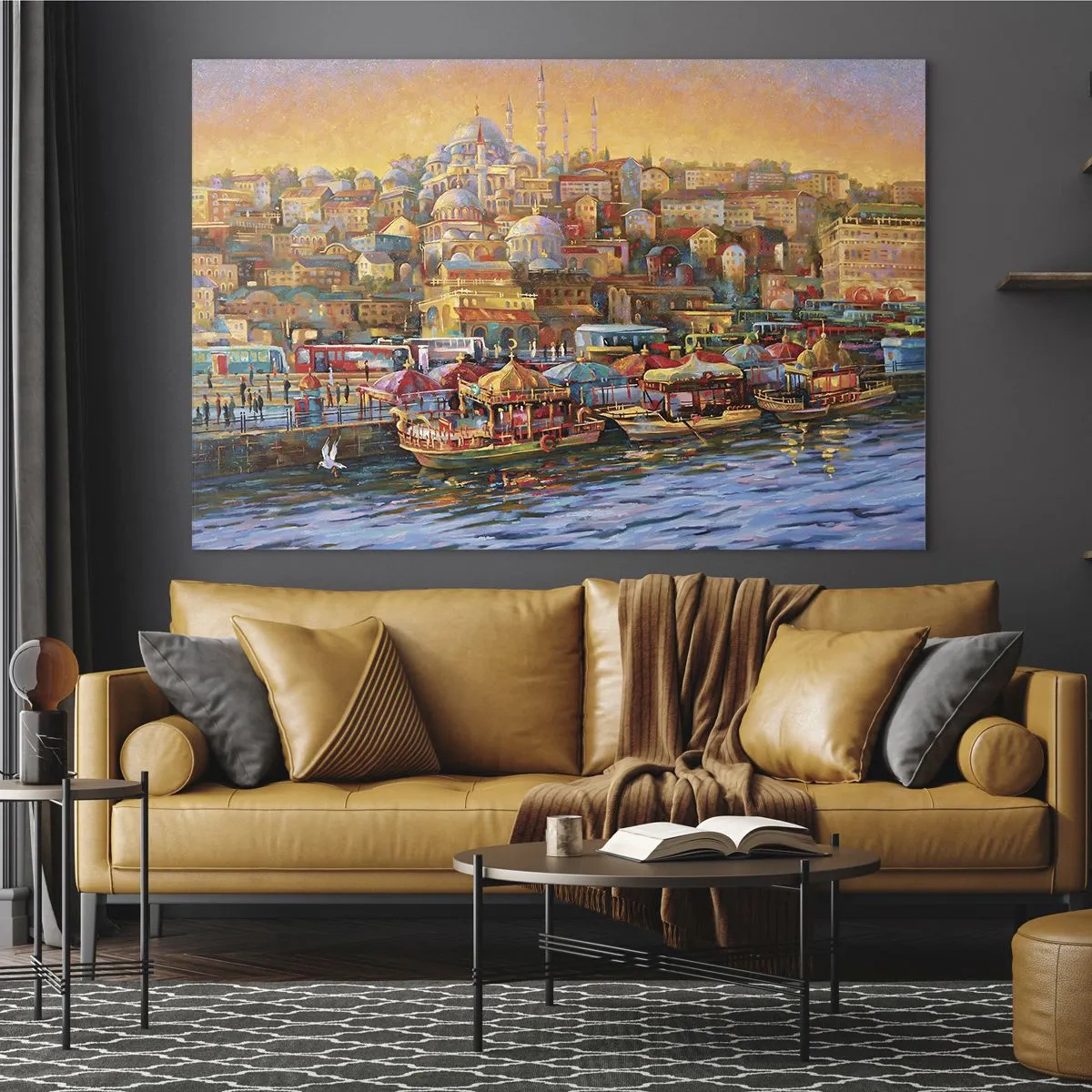 Glasbild - Bild auf glas - Ein farbenfroher Hafen mit Booten und einem Stadtpanorama bei Sonnenuntergang - 120x80cm - Istanbuler Geschichte - Moderne Wanddekoration für Wohnzimmer und Schlafzimmer ARTTOR