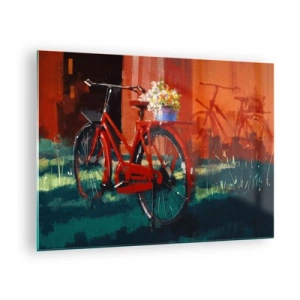 Glasbild - Bild auf glas - Ein rotes Fahrrad mit Blumen vor einem roten Gebäude - 70x50cm - Ich möchte mit meinem Fahrrad fahren - Moderne Wanddekoration für Wohnzimmer und Schlafzimmer ARTTOR