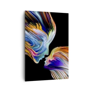 Bild auf Leinwand - Leinwandbild - Bunte Silhouetten von Gesichtern in dynamischen Strömen auf schwarzem Hintergrund - 70x100cm - Eine Verschmelzung von Energie und Licht - Moderne Wanddekoration für Wohnzimmer und Schlafzimmer ARTTOR