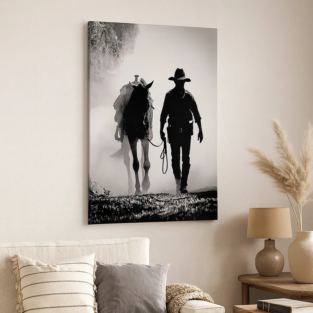 Bild auf Leinwand - Leinwandbild - Cowboy mit Pferd im Morgennebel - 50x70cm - Texas-Morgen - Moderne Wanddekoration für Wohnzimmer und Schlafzimmer ARTTOR