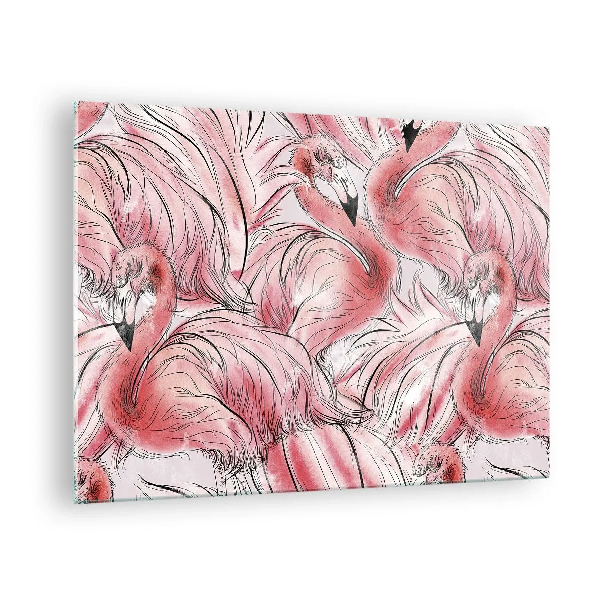 Glasbild - Bild auf glas - Rosa Flamingos im dekorativen Cartoon-Stil - 70x50cm - Bird Corps de Ballet - Moderne Wanddekoration für Wohnzimmer und Schlafzimmer ARTTOR