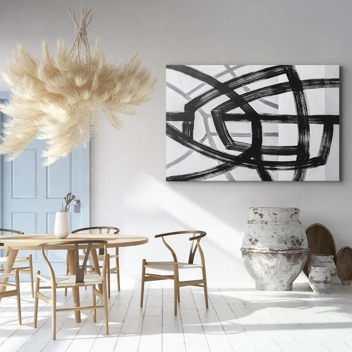 Bild auf Leinwand - Leinwandbild - Schwarz-weiße abstrakte Linien, die sich auf hellem Hintergrund kreuzen - 120x80cm - Bautiefe - Moderne Wanddekoration für Wohnzimmer und Schlafzimmer ARTTOR