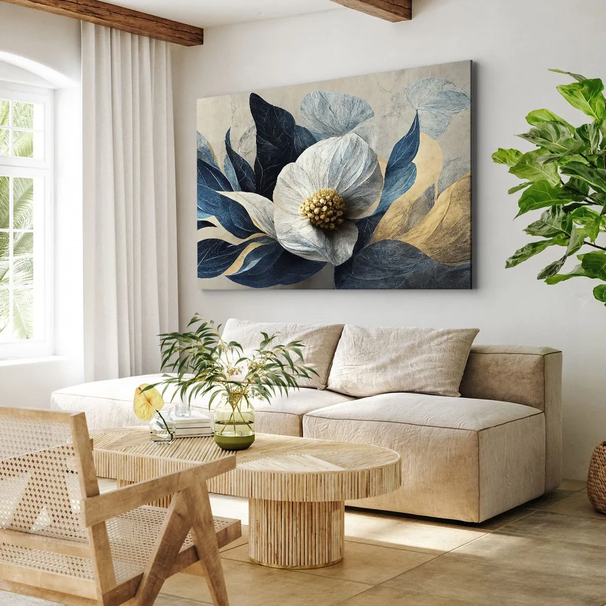 Bild auf Leinwand - Leinwandbild - Eine Blume mit blauen Blättern auf einem eleganten Hintergrund - 120x80cm - Er hat ein Herz aus Gold - Moderne Wanddekoration für Wohnzimmer und Schlafzimmer ARTTOR