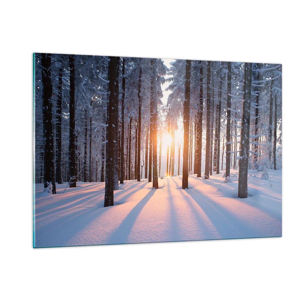 Glasbild - Bild auf glas - Winterwald mit Sonnenstrahlen, die durch die Bäume scheinen - 120x80cm - Ganz klar schwarz auf weiß - Moderne Wanddekoration für Wohnzimmer und Schlafzimmer ARTTOR