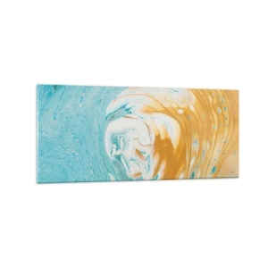 Glasbild - Bild auf glas - Abstrakte Wellen in Blau- und Goldtönen auf Leinwand - 120x50cm - Pastellwirbel - Moderne Wanddekoration für Wohnzimmer und Schlafzimmer ARTTOR