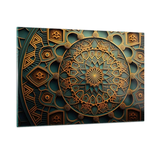 Glasbild - Bild auf glas - Gold- und Türkisornament im Stil eines arabischen Mosaiks - 120x80cm - In arabischer Atmosphäre - Moderne Wanddekoration für Wohnzimmer und Schlafzimmer ARTTOR