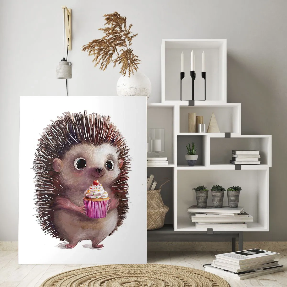 Glasbild - Bild auf glas - Ein süßer Igel mit einem Cupcake - 70x100cm - Der Feiertag ist jeden Tag - Moderne Wanddekoration für Wohnzimmer und Schlafzimmer ARTTOR