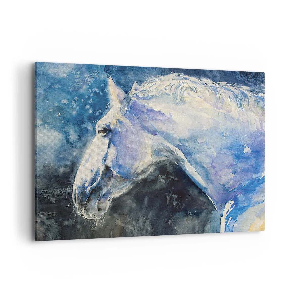 Bild auf Leinwand - Leinwandbild - Ein Porträt eines Pferdes in Blautönen mit malerischem Aquarelleffekt. - 100x70cm - Porträt in blauem Glanz - Moderne Wanddekoration für Wohnzimmer und Schlafzimmer ARTTOR