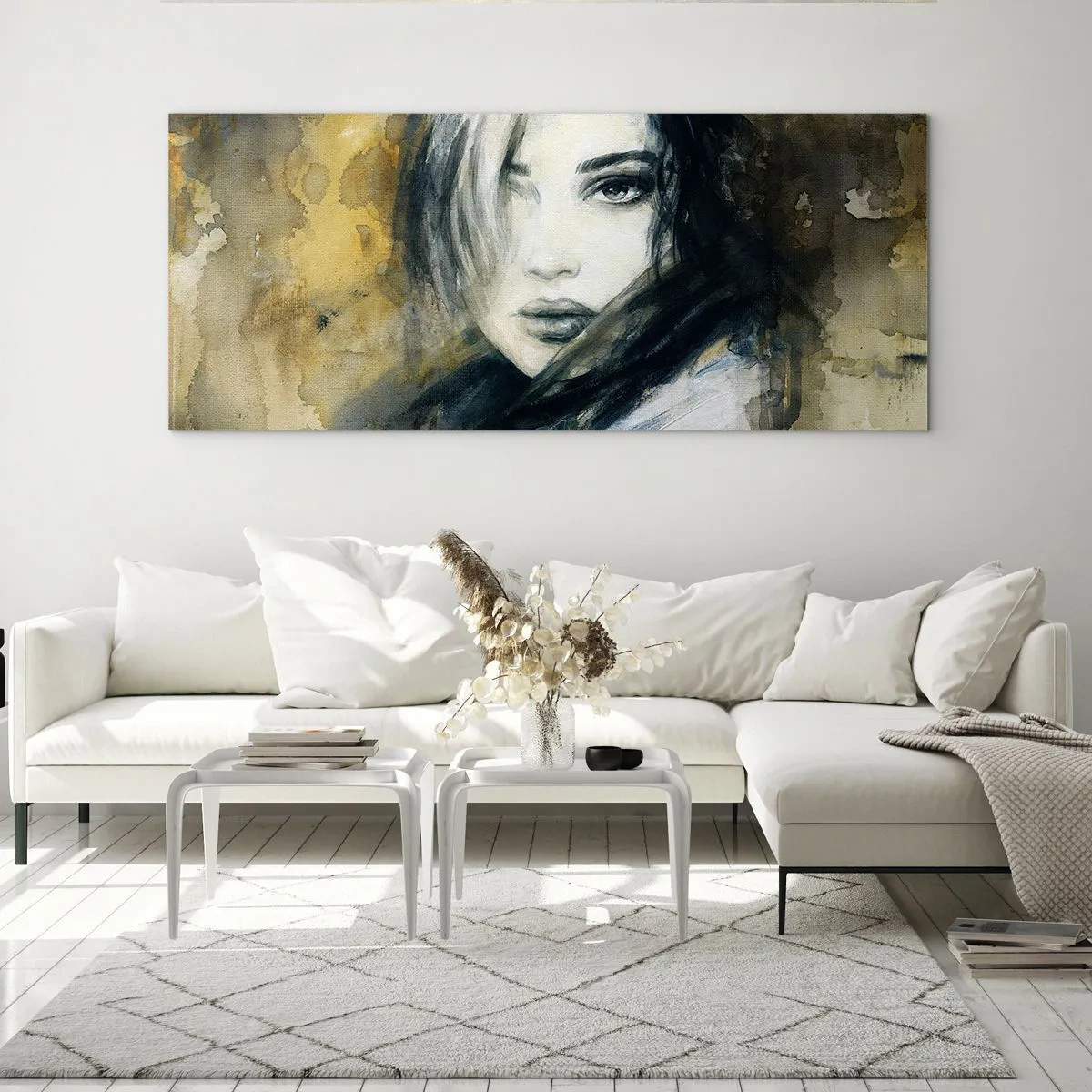 Glasbild - Bild auf glas - Porträt einer Frau vor einem Hintergrund aus abstrakten Flecken in Beigetönen - 120x50cm - unschuldiger oder sinnlicher? - Moderne Wanddekoration für Wohnzimmer und Schlafzimmer ARTTOR