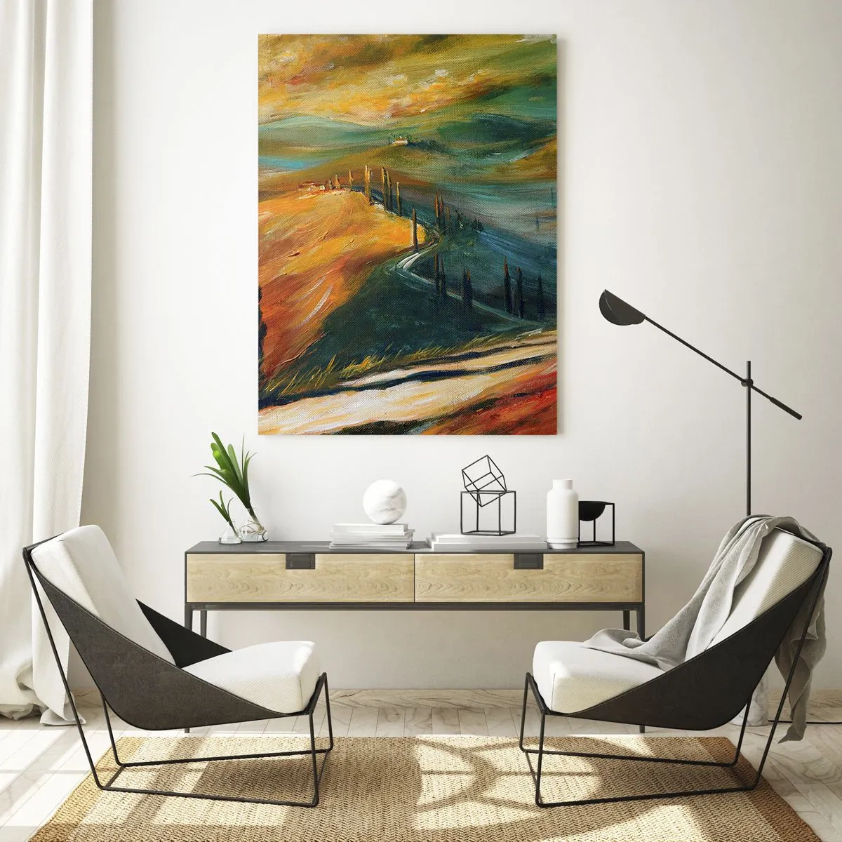Glasbild - Bild auf glas - Toskanische Landschaft mit Feldern, Straße und Zypressen - 80x120cm - Toskanische Landschaft - Moderne Wanddekoration für Wohnzimmer und Schlafzimmer ARTTOR