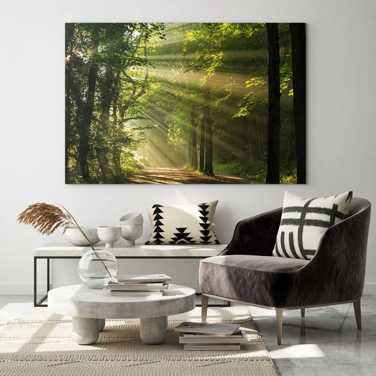 Glasbild - Bild auf glas - Ein Waldweg, beleuchtet von den Sonnenstrahlen - 100x70cm - Waldmoment - Moderne Wanddekoration für Wohnzimmer und Schlafzimmer ARTTOR