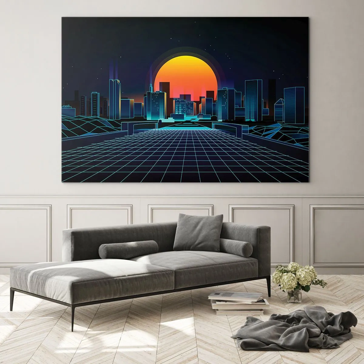 Glasbild - Bild auf glas - Futuristisches Stadtpanorama mit Sonnenuntergang - 70x50cm - Willst du immer noch zu Real gehen? - Moderne Wanddekoration für Wohnzimmer und Schlafzimmer ARTTOR