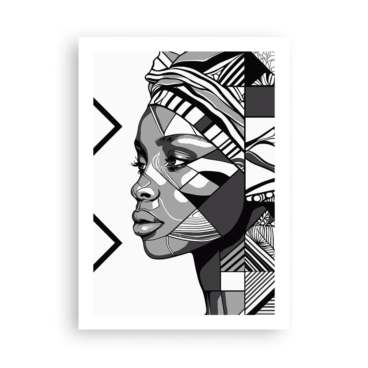 Poster - Geometrisches Porträt einer Frau in Schwarzweiß - 50x70cm - Ethnisches Porträt - Moderne Wanddekoration für Wohnzimmer und Schlafzimmer ARTTOR