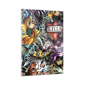 Glasbild - Bild auf glas - Eine farbenfrohe Komposition aus Mustern, inspiriert von der Tattoo-Kunst - 50x70cm - Der Traum des Tätowierers - Moderne Wanddekoration für Wohnzimmer und Schlafzimmer ARTTOR