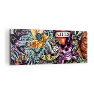 Bild auf Leinwand - Leinwandbild - Farbenfrohe Kunstwerke im Tattoo-Stil mit Totenköpfen und nautischen Motiven - 120x50cm - Der Traum des Tätowierers - Moderne Wanddekoration für Wohnzimmer und Schlafzimmer ARTTOR