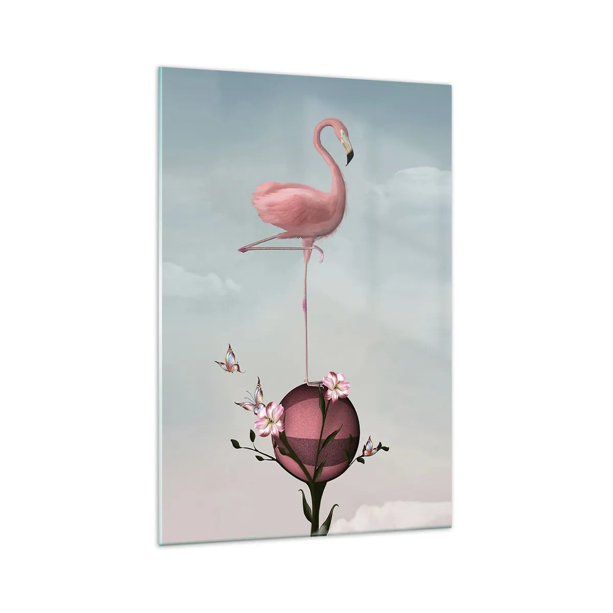 Glasbild - Bild auf glas - Ein rosa Flamingo balanciert auf einem Blumenball - 70x100cm - Basketball-Allegorie - Moderne Wanddekoration für Wohnzimmer und Schlafzimmer ARTTOR