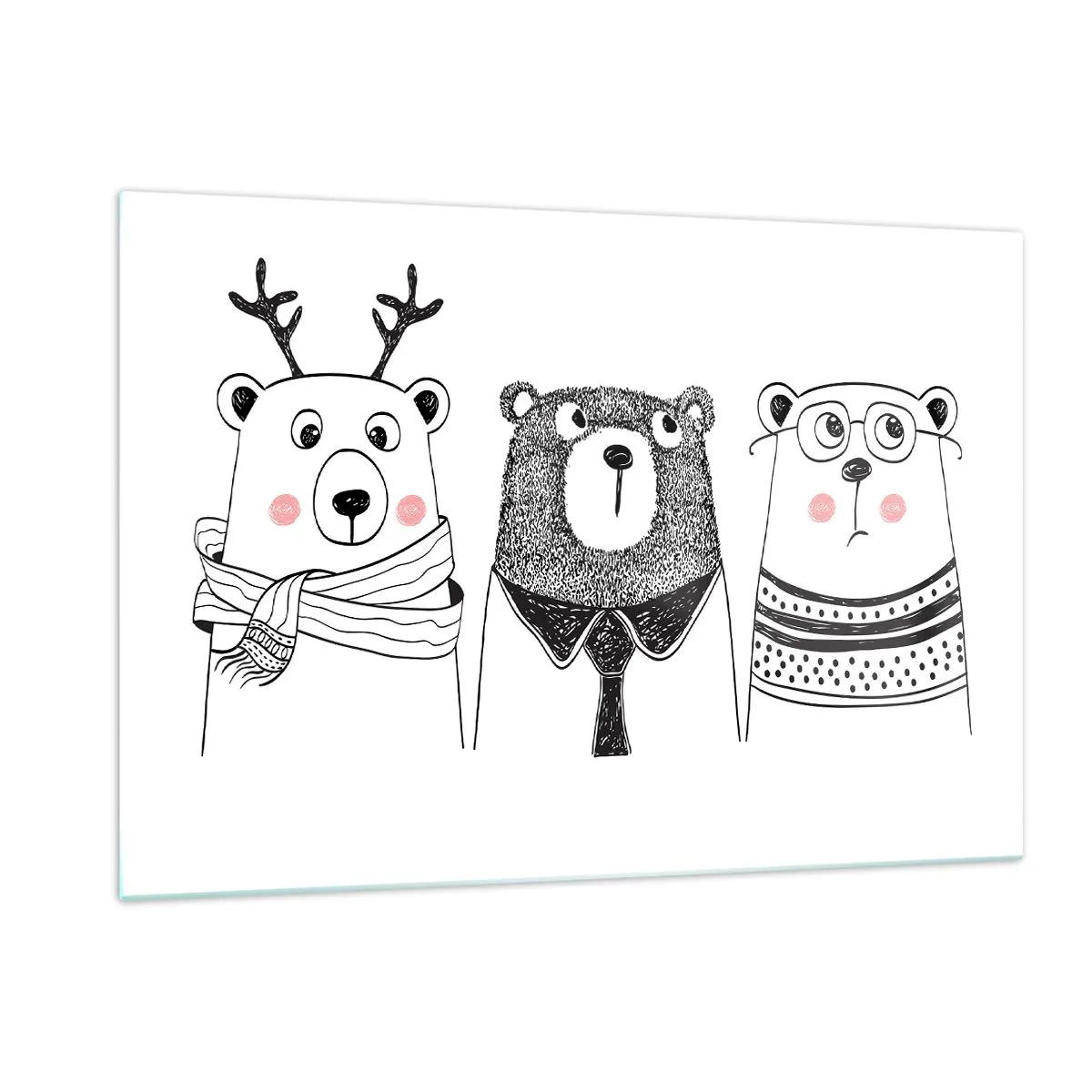 Glasbild - Bild auf glas - Drei lustige Bären in einer Schwarz-Weiß-Illustration - 120x80cm - Teddybär, Teddybär und Bär - Moderne Wanddekoration für Wohnzimmer und Schlafzimmer ARTTOR