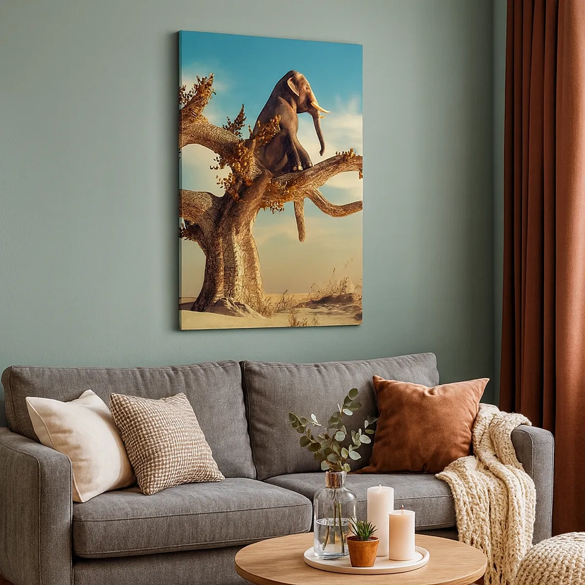 Bild auf Leinwand - Leinwandbild - Ein Elefant sitzt auf einem Baum in einer surrealen Landschaft - 50x70cm - Ein neuer Standpunkt - Moderne Wanddekoration für Wohnzimmer und Schlafzimmer ARTTOR