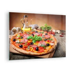 Glasbild - Bild auf glas - Pizza mit Belag auf einem Holztisch mit Olivenöl und Gewürzen - 70x50cm - Mit echtem italienischem Flair - Moderne Wanddekoration für Wohnzimmer und Schlafzimmer ARTTOR