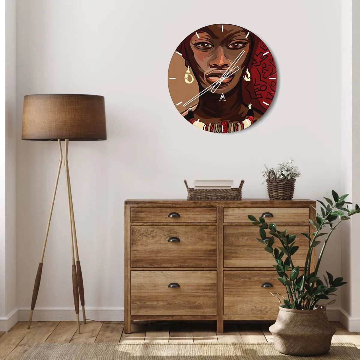 Wanduhr - Glasuhr - Frauenportrait im afrikanischen Stil mit roten Akzenten - 30x30cm - Venus aus Ebenholz  - Moderne Wanddekoration für Wohnzimmer, Küche und Schlafzimmer ARTTOR
