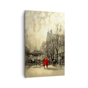 Bild auf Leinwand - Leinwandbild - Eine rote Figur in einer nostalgischen urbanen Umgebung - 80x120cm - Ein Date im Londoner Nebel - Moderne Wanddekoration für Wohnzimmer und Schlafzimmer ARTTOR