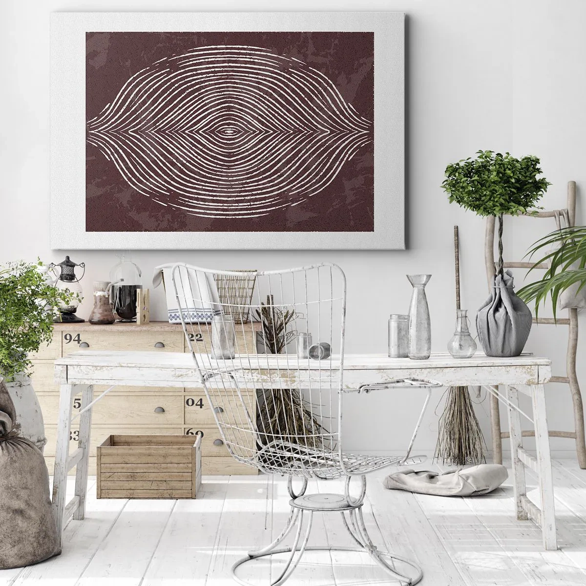 Bild auf Leinwand - Leinwandbild - Symmetrische Wellen in weißen Linien auf braunem Hintergrund - 120x80cm - Der Raum spricht - Moderne Wanddekoration für Wohnzimmer und Schlafzimmer ARTTOR