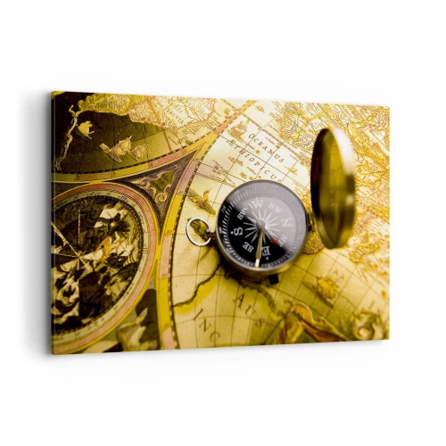 Bild auf Leinwand - Leinwandbild - Ein antiker Kompass vor dem Hintergrund einer alten Weltkarte - 120x80cm - Oder vielleicht bis ans Ende der Welt? - Moderne Wanddekoration für Wohnzimmer und Schlafzimmer ARTTOR