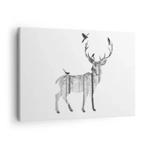 Bild auf Leinwand - Leinwandbild - Silhouette eines Hirsches mit Wald und Vögeln - 70x50cm - Guter Waldgeist - Moderne Wanddekoration für Wohnzimmer und Schlafzimmer ARTTOR